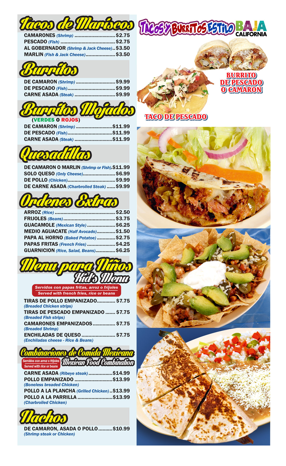 Bell Gardens – Tacos de Mariscos – Burritos – Quesadillas – Menu para Ninos  – Nachos – Sol y Mar Restaurant